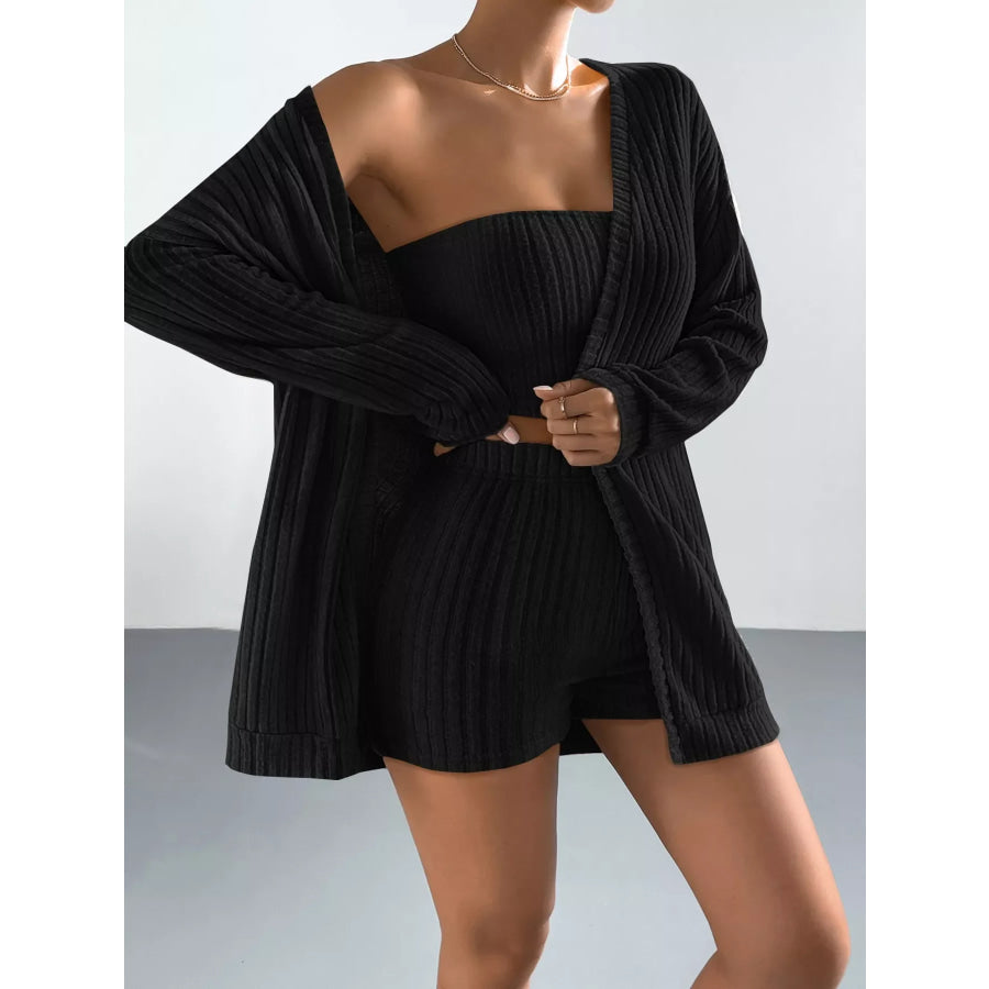 3-Piece Ribbed Knit Cardigan & Tube Top and Shorts Set Apparel Accessories