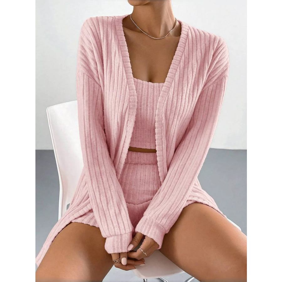 3-Piece Ribbed Knit Cardigan & Tube Top and Shorts Set Pink / S Apparel Accessories