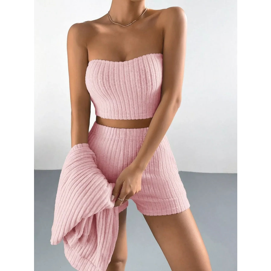 3-Piece Ribbed Knit Cardigan & Tube Top and Shorts Set Apparel Accessories