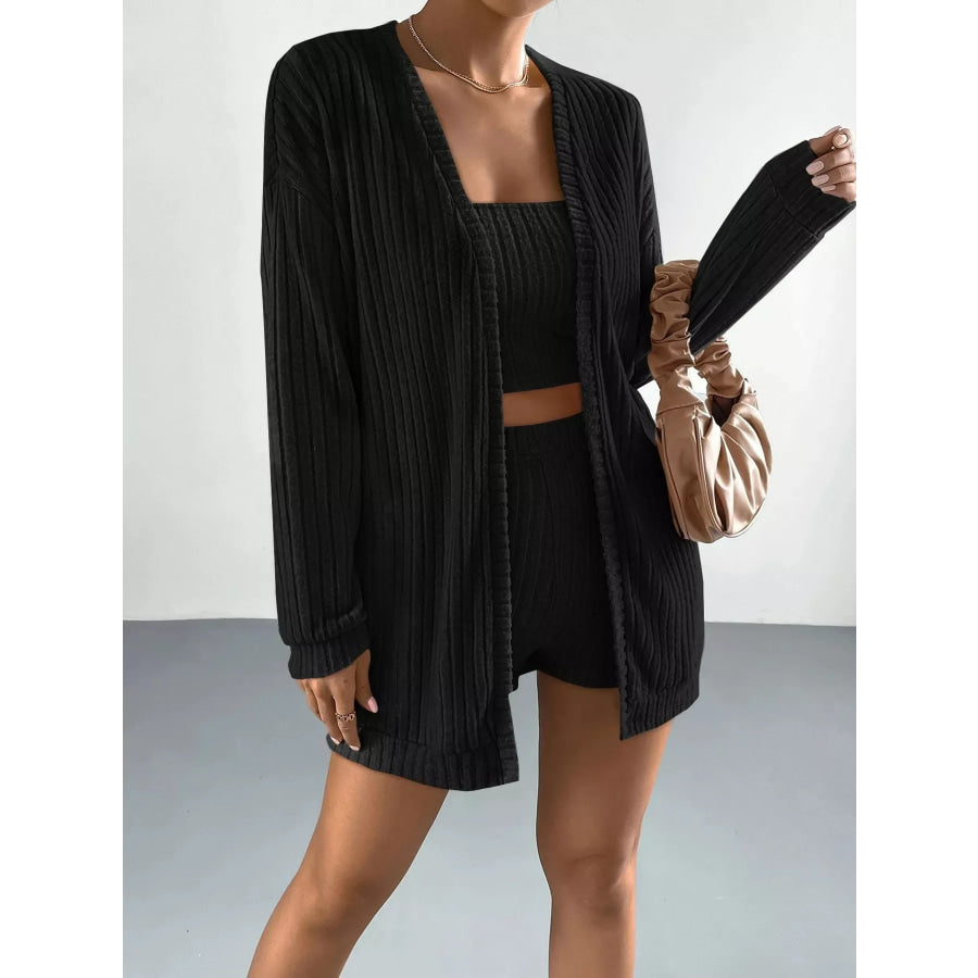 3-Piece Ribbed Knit Cardigan & Tube Top and Shorts Set Apparel Accessories