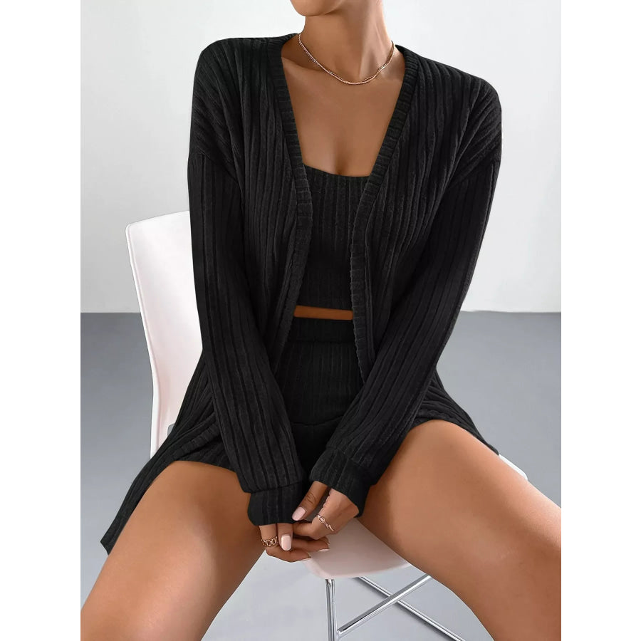 3-Piece Ribbed Knit Cardigan & Tube Top and Shorts Set Black / S Apparel Accessories