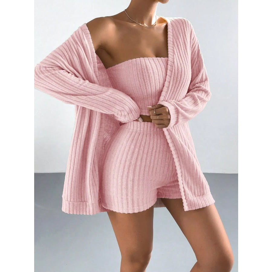 3-Piece Ribbed Knit Cardigan & Tube Top and Shorts Set Pink / S Apparel Accessories