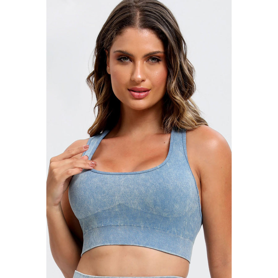 3 Piece Washed Square Neck Wide Strap Active Set Light Blue / S Apparel and Accessories