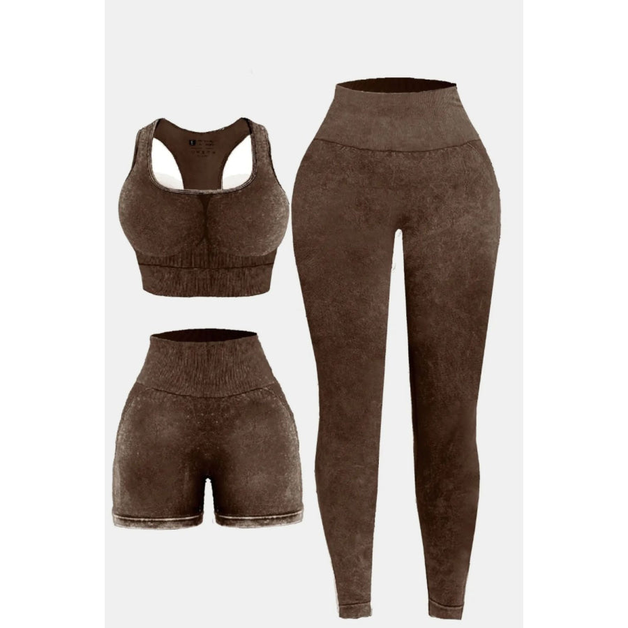 3 Piece Washed Square Neck Wide Strap Active Set Dark Brown / S Apparel and Accessories