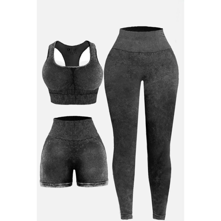 3 Piece Washed Square Neck Wide Strap Active Set Dark Gray / S Apparel and Accessories