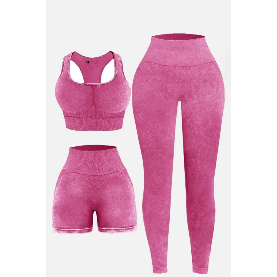 3 Piece Washed Square Neck Wide Strap Active Set Deep Rose / S Apparel and Accessories