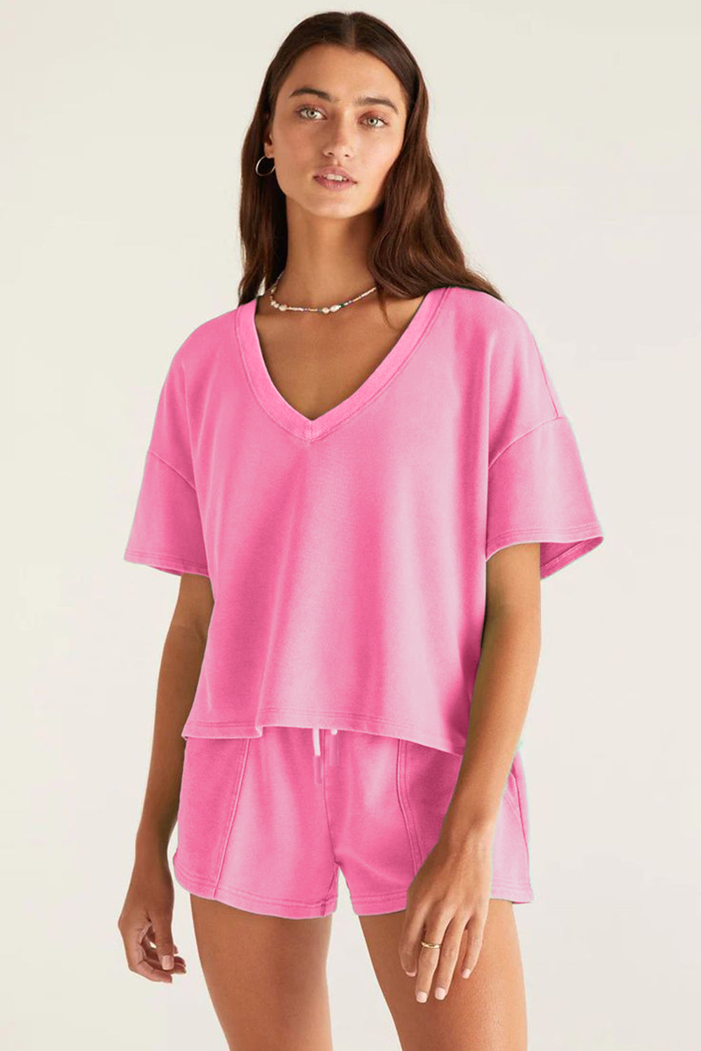 Myosotis V Neck Drop Shoulder Tee and Patchwork Drawstring Shorts Set