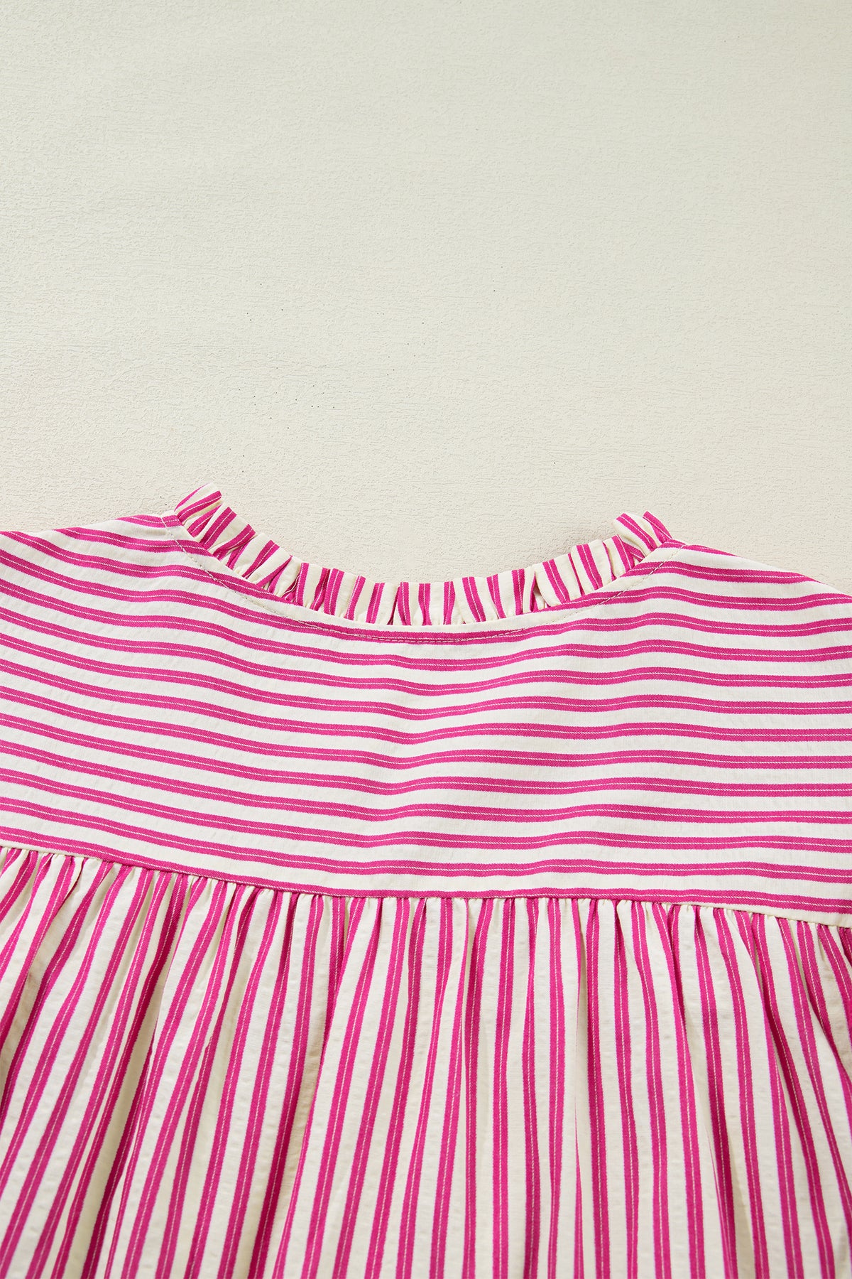 Rose Stripe Shirred Yoke Ruffled Short Sleeve Blouse