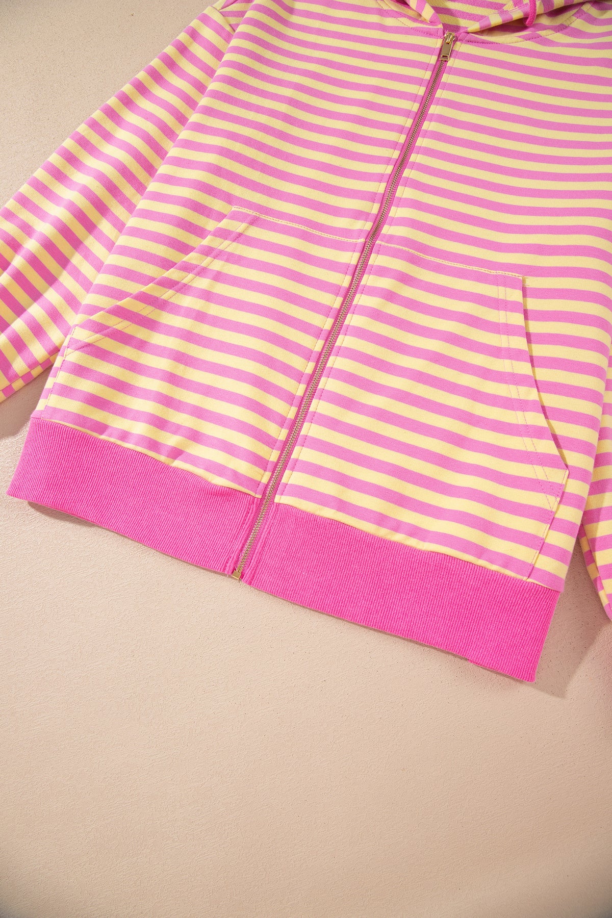 Rose Red Striped Long Sleeve Zip-Up Hoodie Drawstring Elastic Waist 2pcs Short Set