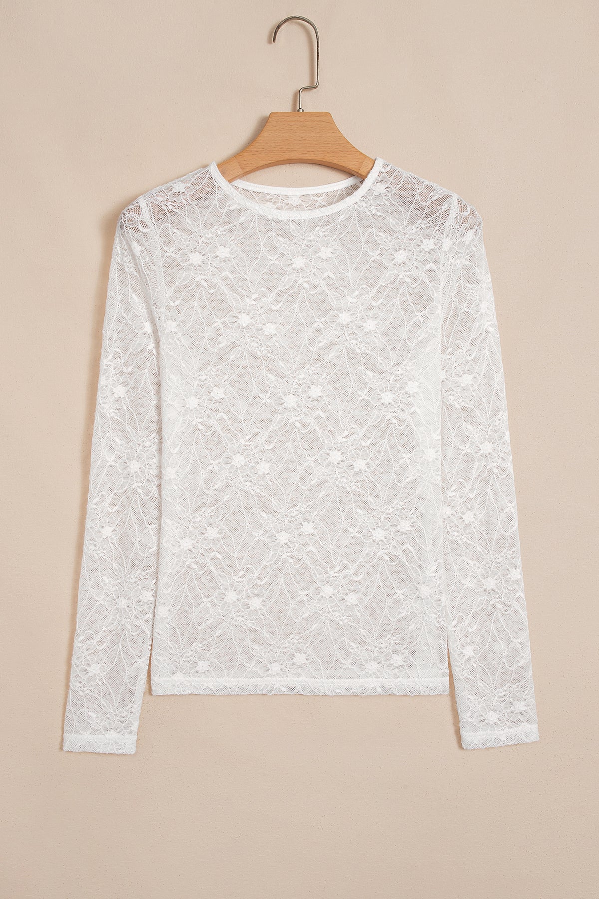 Beige Long Sleeve Sheer Mesh Lace Top