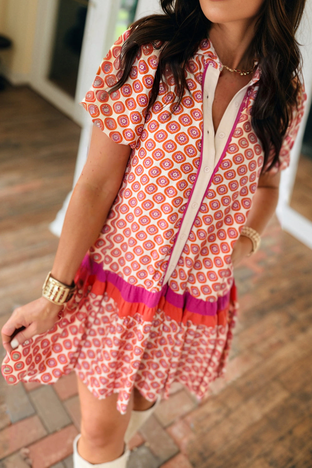 Orange Geometric Floral Print Color Block Trim Button Front Ruffle Hem Dress