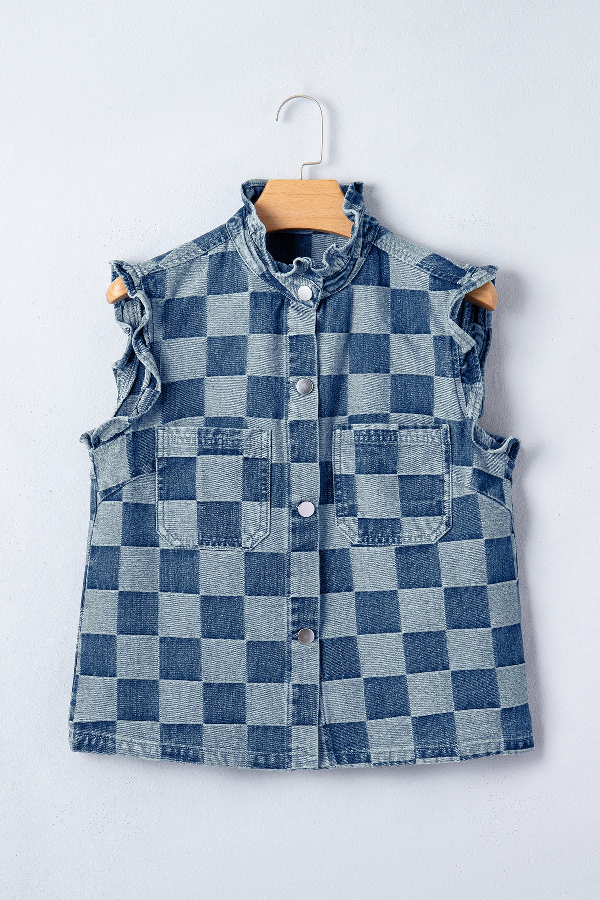 Beau Blue Checkered Ruffle Trim Button Down Denim Vest
