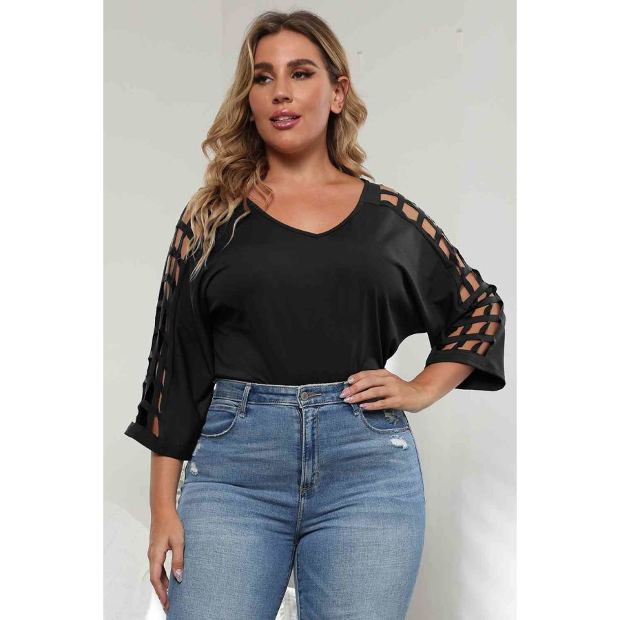 3/4 Sleeve Cutout Detail Top Black / 1XL