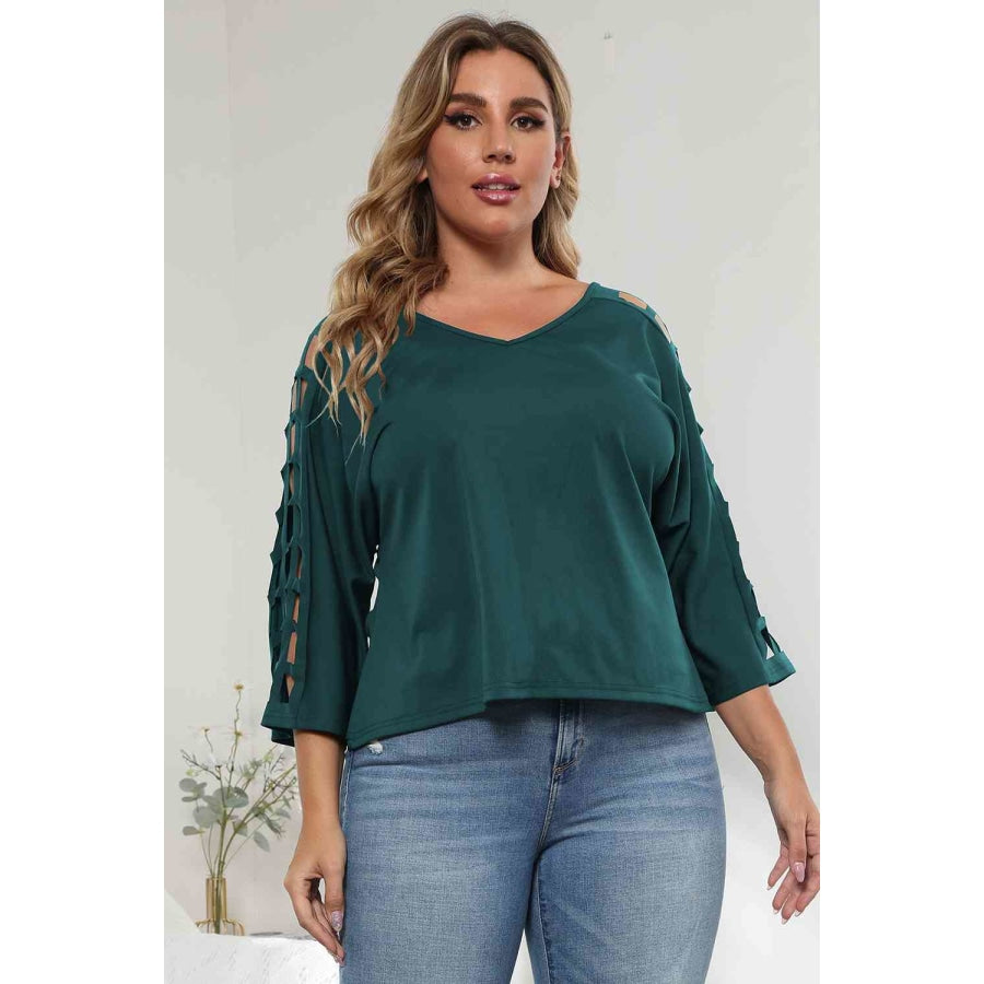 3/4 Sleeve Cutout Detail Top Green / 1XL