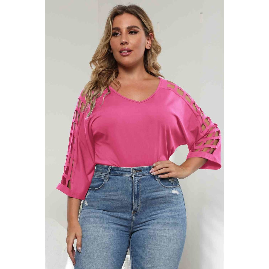 3/4 Sleeve Cutout Detail Top Hot Pink / 1XL