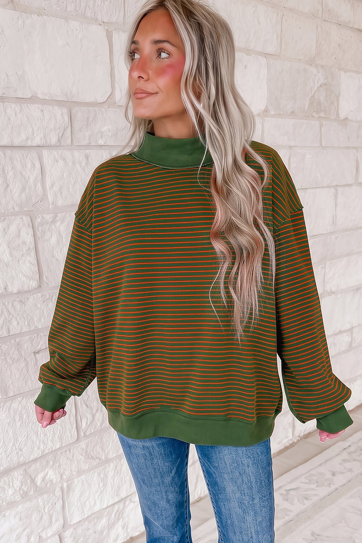 Green Stripe Ribbed Color Block Mock Neck Oversized Sweatshirt