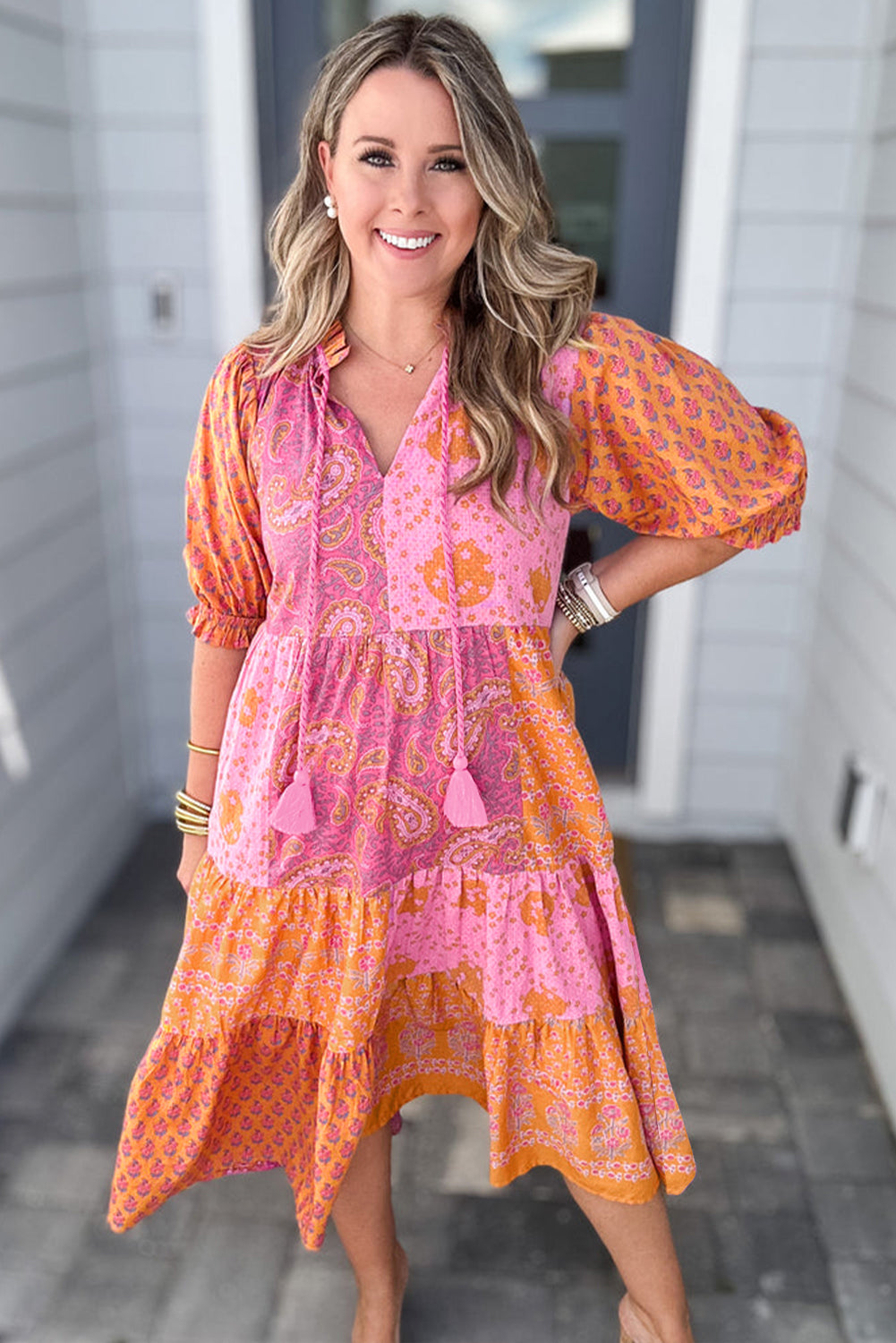 Pink Boho Paisley Floral Mixed Patchwork Tassel Tie Plus Size Midi Dress Plus Size/Plus Size Dresses/Plus Size Maxi Dresses