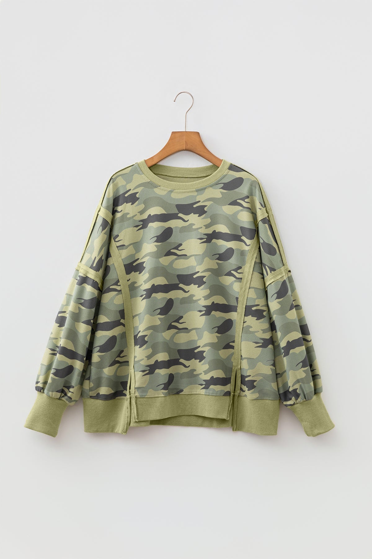 Green Camouflage Waffle Knit Raw Edge Contrast Trim Oversized Long Sleeve Top
