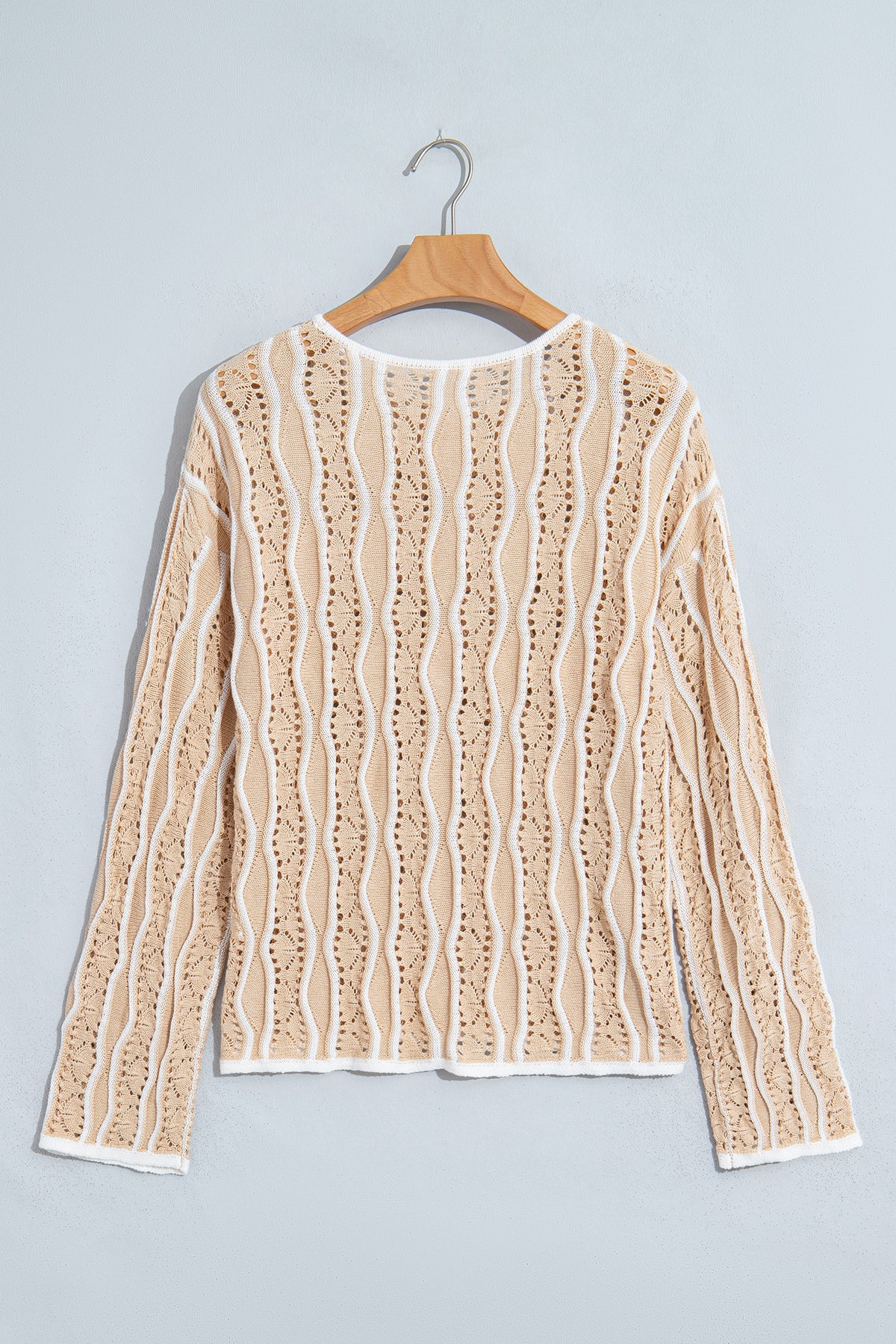 Khaki Wavy Detail Hollow Out Knit Long Sleeve Cotton Pullover Sweater