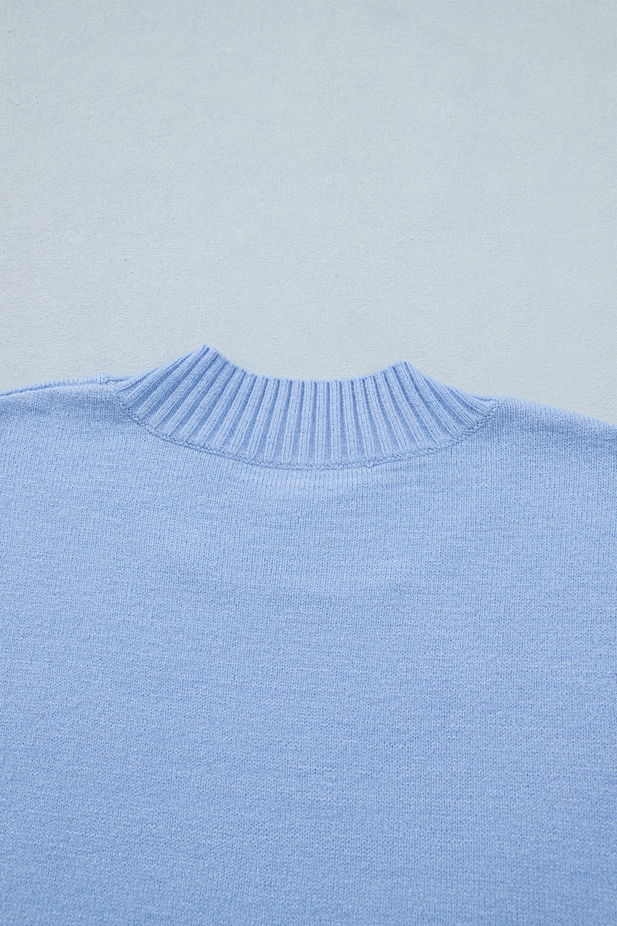 Beau Blue Solid Color Ribbed Trim Round Neck Ruffle Short Sleeve Sweater