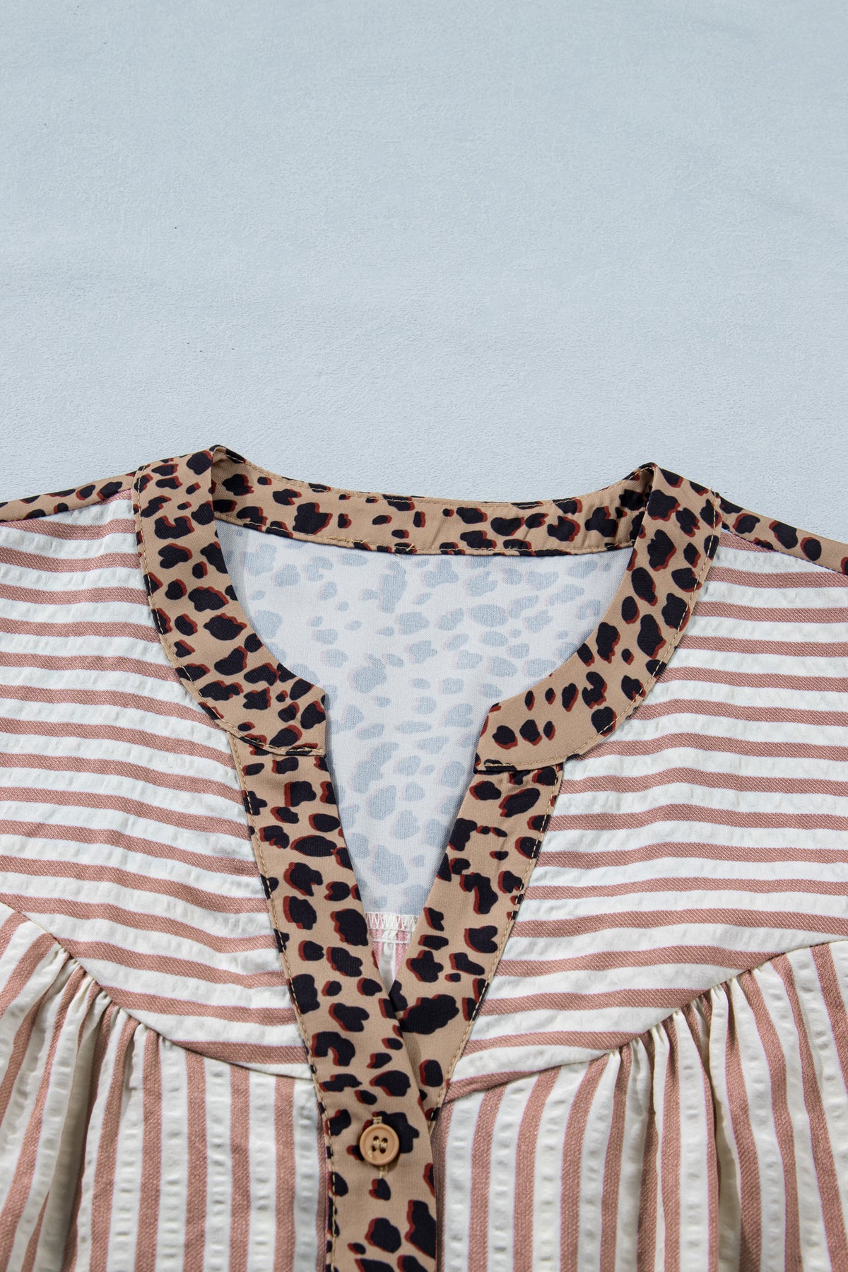 Pink Stripe Leopard Trim V Neck Button Down Half Sleeve Shirt