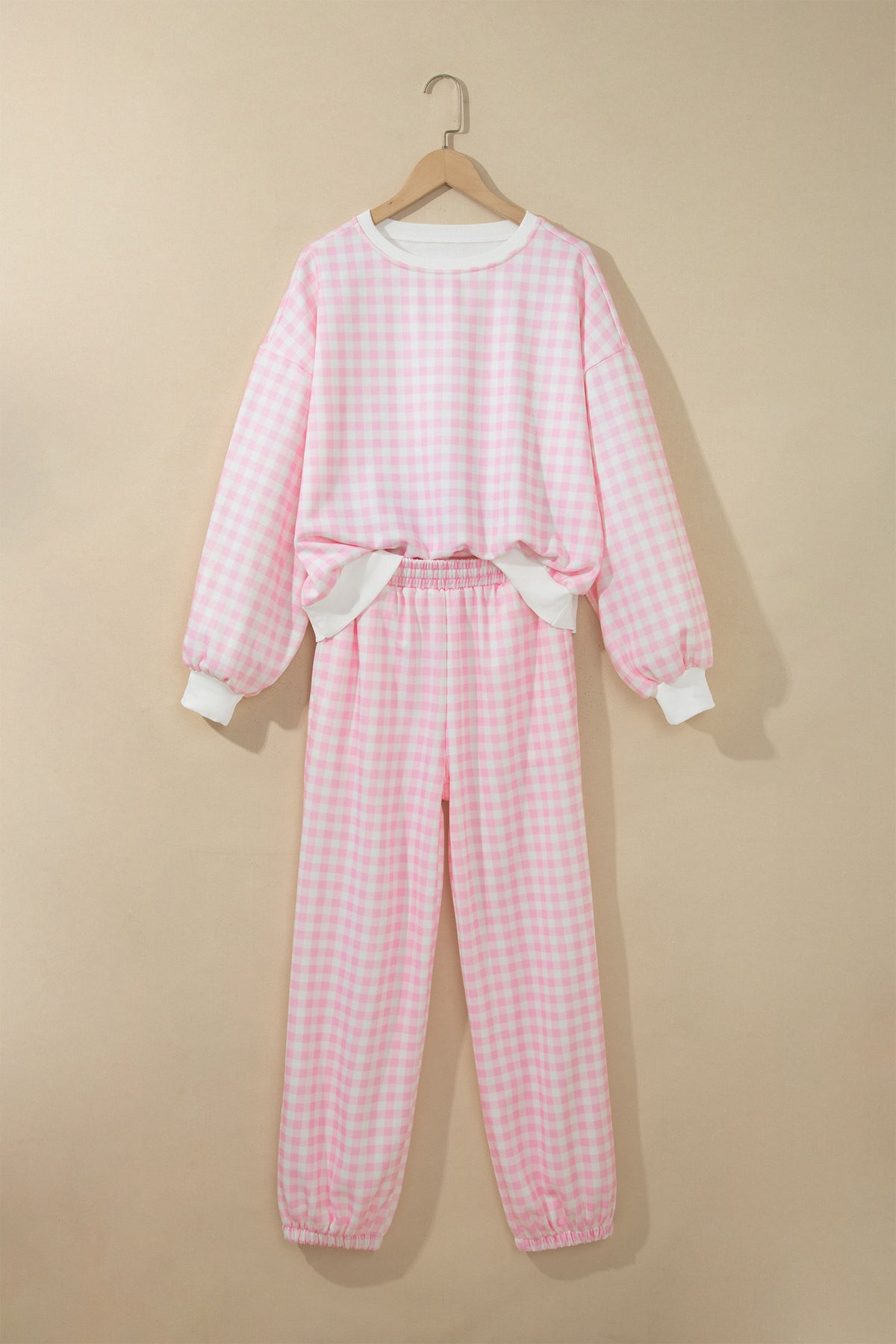 Pink Plaid Long Sleeve Two Piece Pant Set