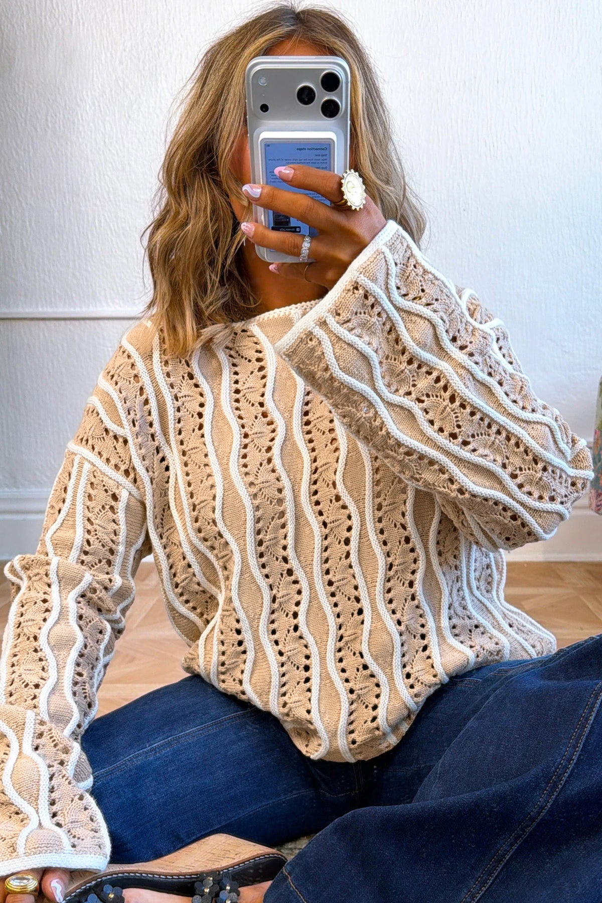 Khaki Wavy Detail Hollow Out Knit Long Sleeve Cotton Pullover Sweater