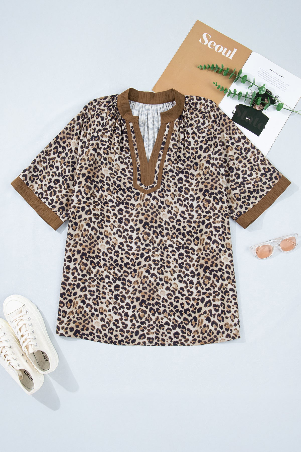 Brown Plus Size Leopard Print Crinkled Colorblock Patchwork V Neck Blouse