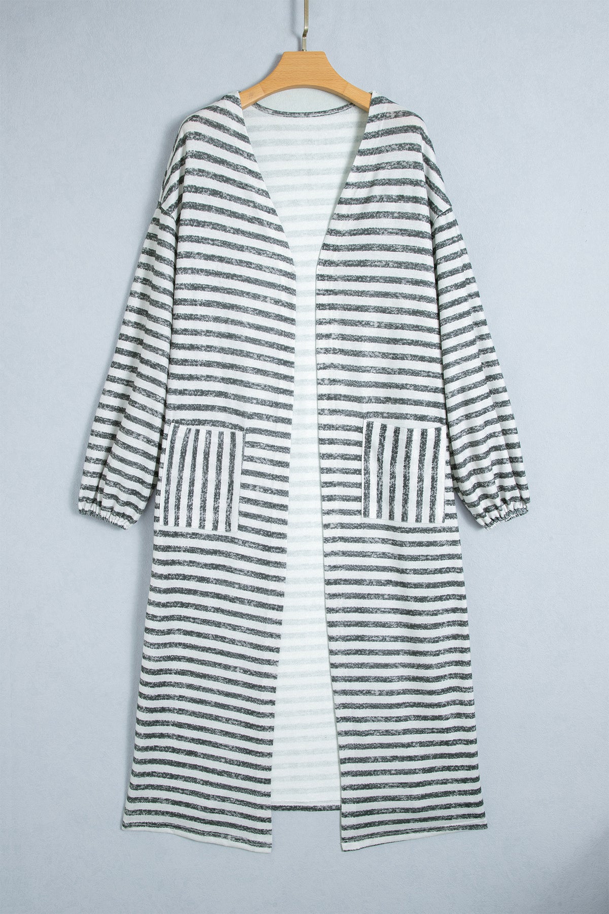 Khaki Stripe Long Puff Sleeve Open Front Oversized Long Cardigan