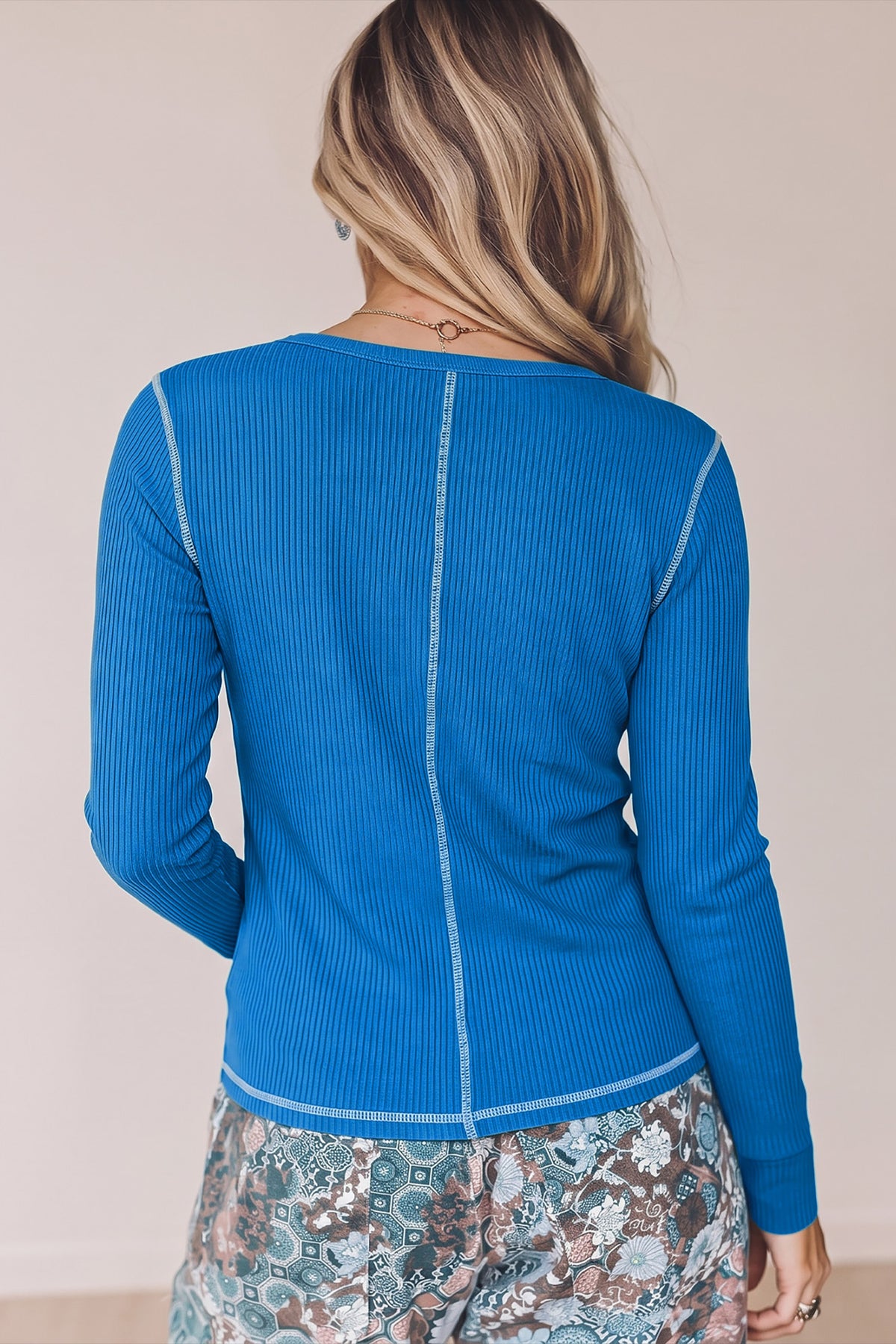 Banana Cream V Neck Ribbed Stitched Detail Long Sleeve Top