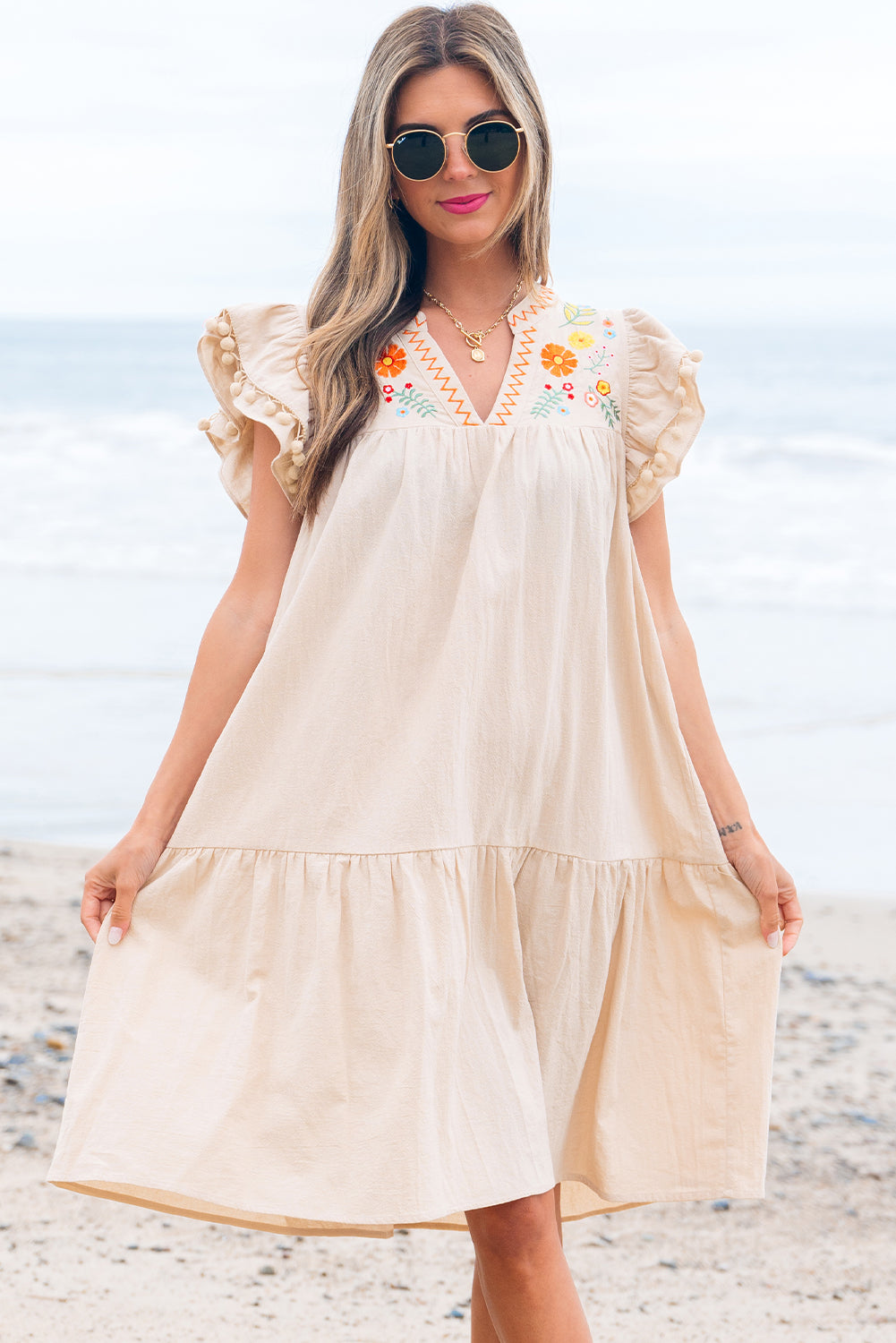 Jet Stream Linen Embroidery Split Neck Pom Pom Ruffle Sleeves Flowy Short Dress