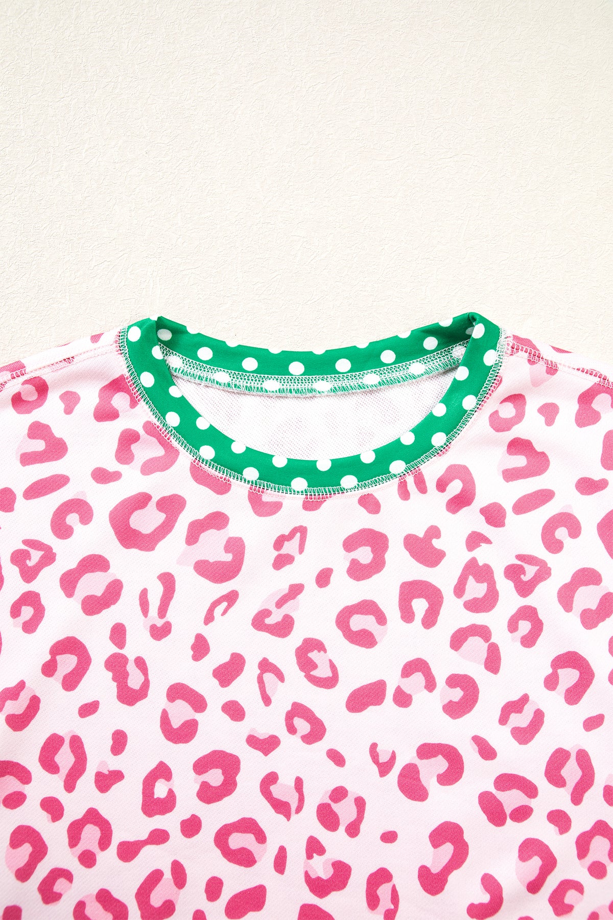 Khaki Leopard Polka Dot Colorblock Trim Long Sleeve Top