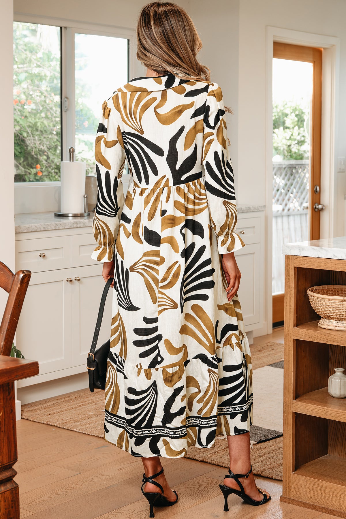 Brown Tropical Printed Contrast Trim Neck Long Sleeve Ruffle Hem Dress