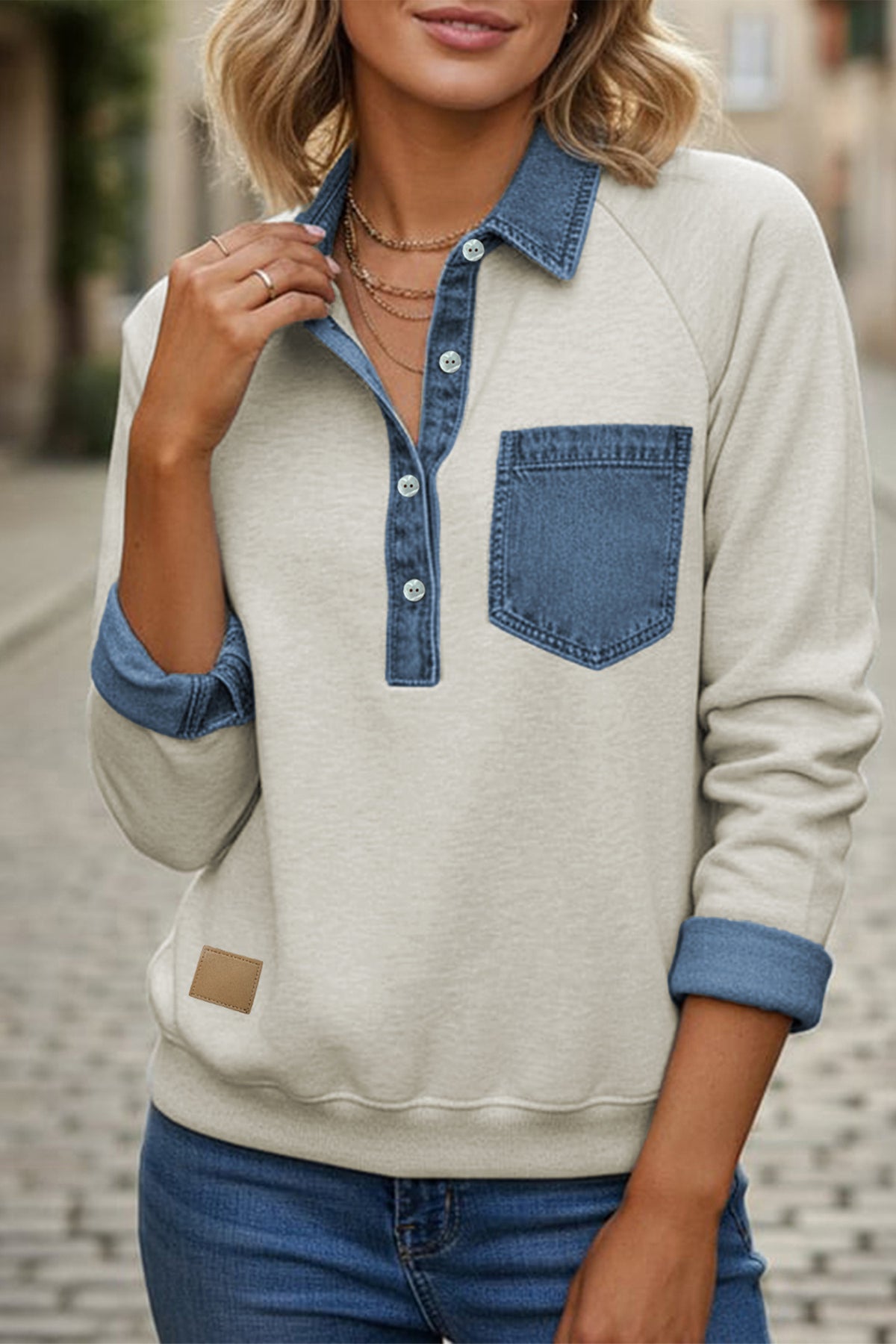 Sleet Denim Collar Patchwork Long Sleeve Pullover Top