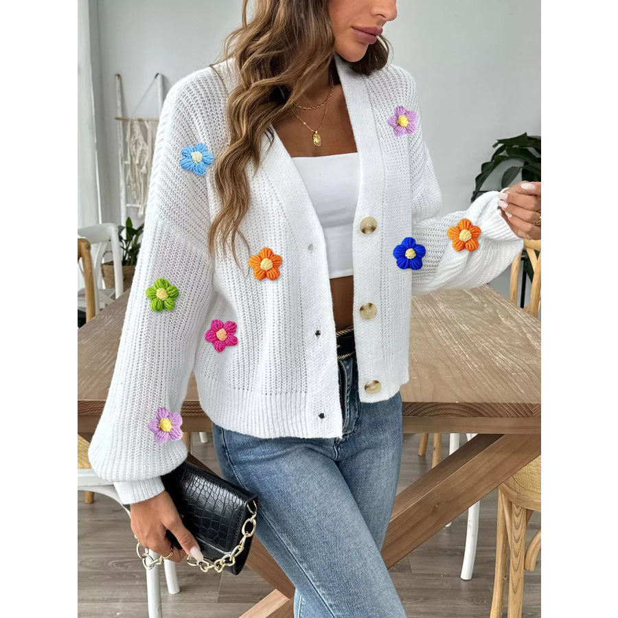 3D Floral Appliques Button Up Cardigan Apparel and Accessories