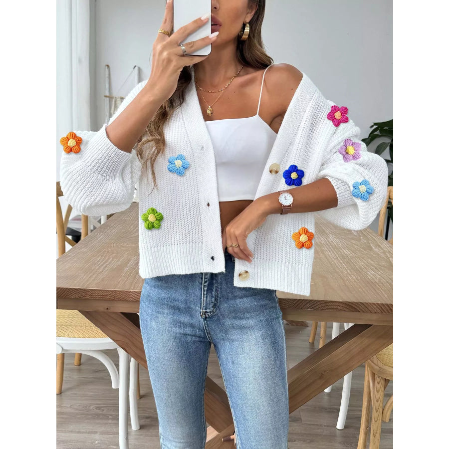 3D Floral Appliques Button Up Cardigan Apparel and Accessories