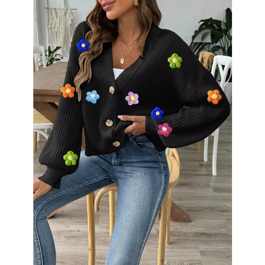 3D Floral Appliques Button Up Cardigan Apparel and Accessories