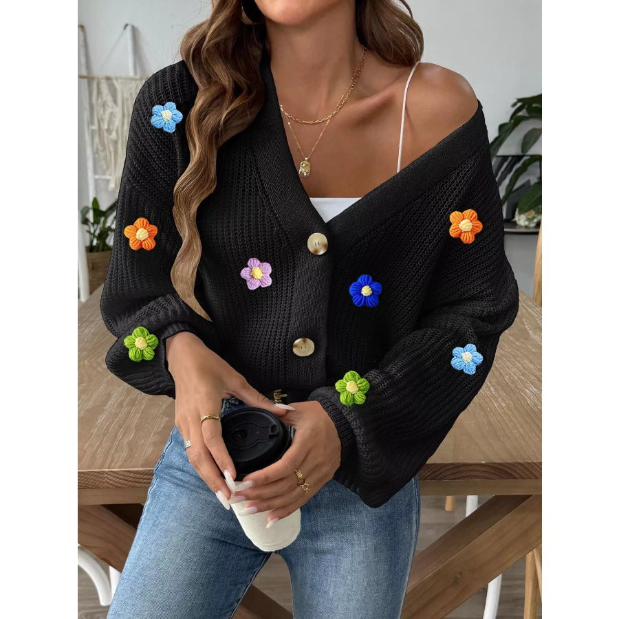 3D Floral Appliques Button Up Cardigan Apparel and Accessories