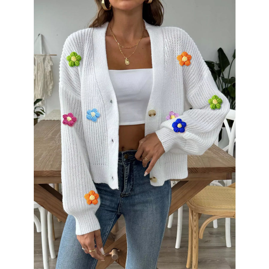 3D Floral Appliques Button Up Cardigan Apparel and Accessories