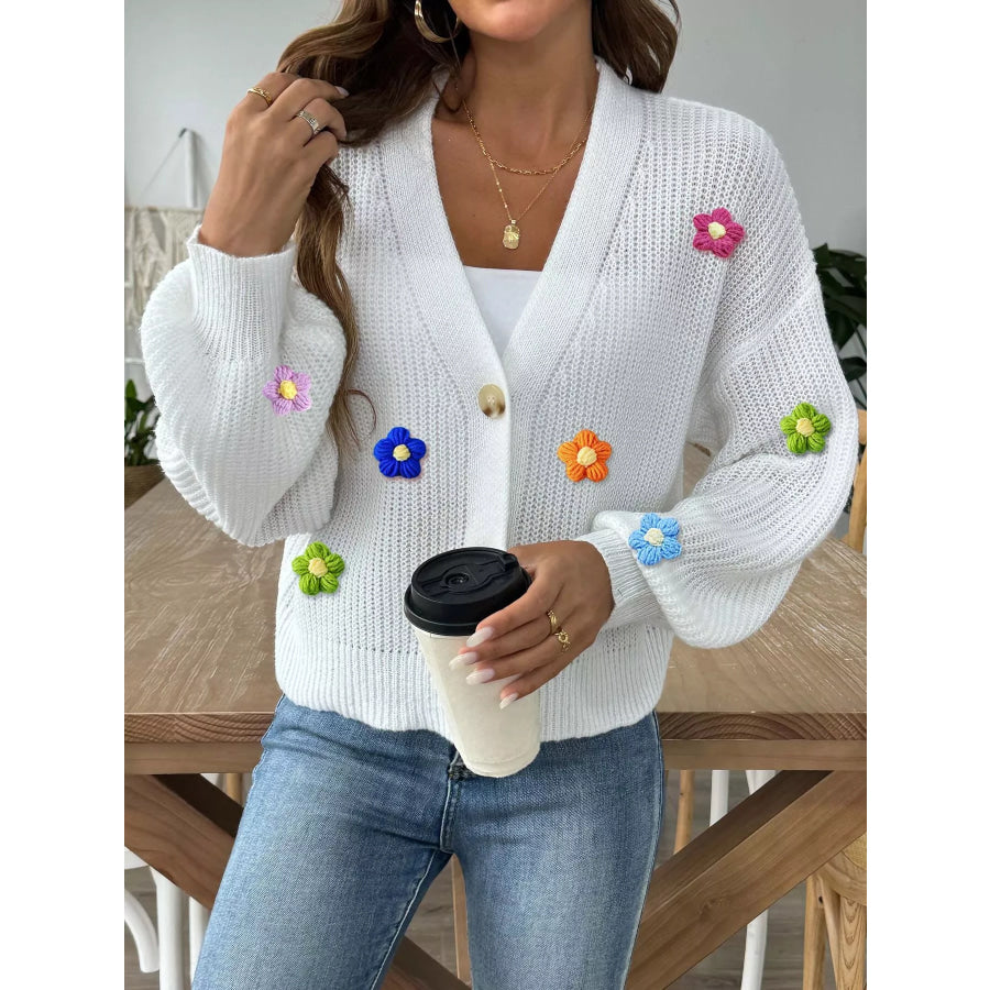 3D Floral Appliques Button Up Cardigan Apparel and Accessories
