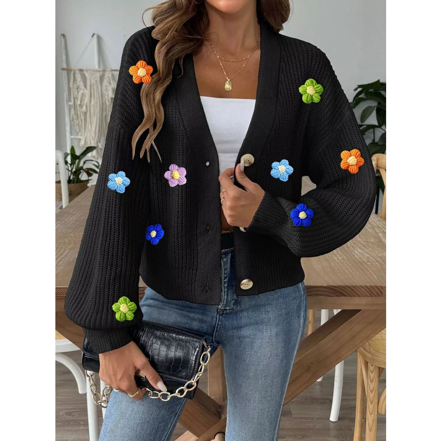 3D Floral Appliques Button Up Cardigan Black / S Apparel and Accessories