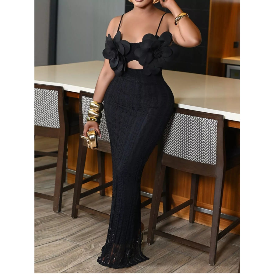 3D Flower Cutout Spaghetti Strap Bodycon Maxi Dress Apparel and Accessories