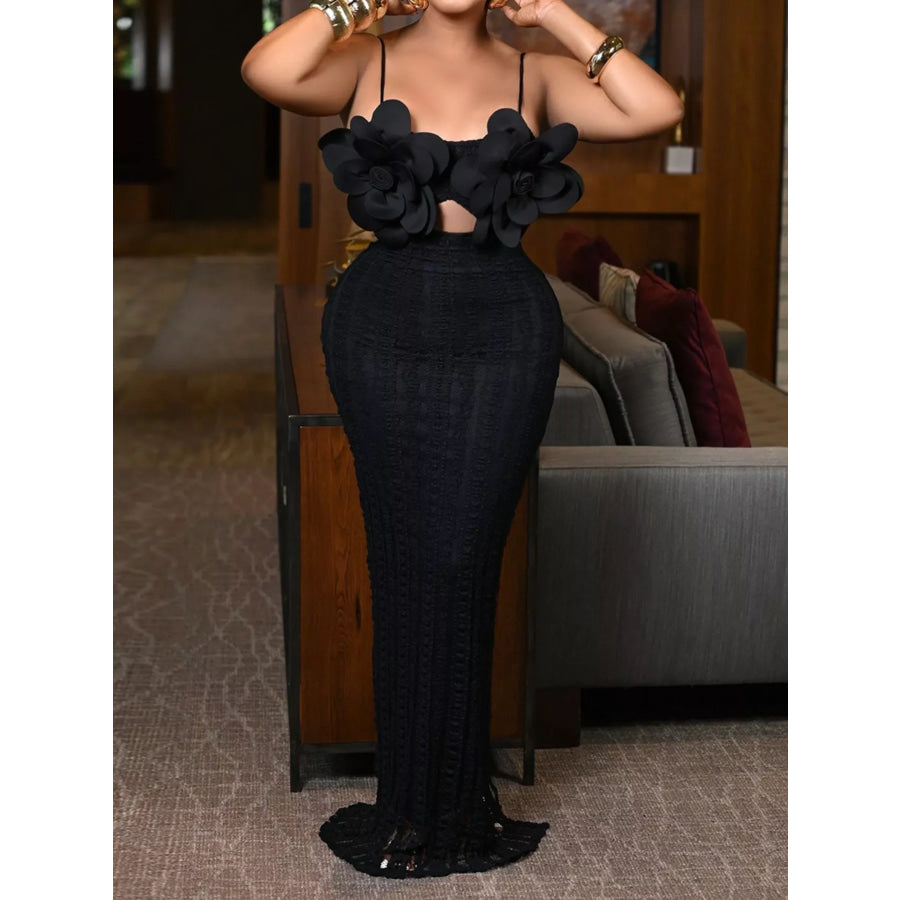 3D Flower Cutout Spaghetti Strap Bodycon Maxi Dress Black / S Apparel and Accessories