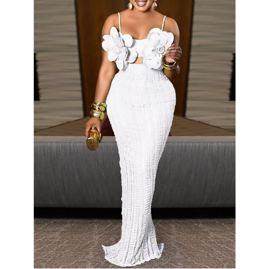 3D Flower Cutout Spaghetti Strap Bodycon Maxi Dress White / S Apparel and Accessories