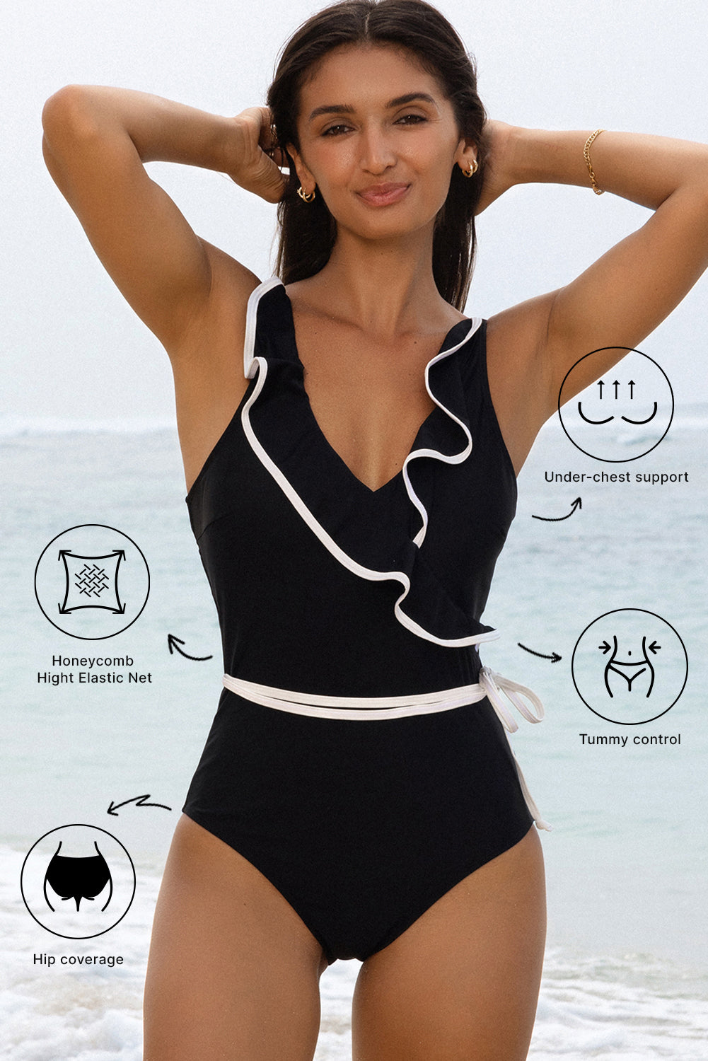 Black Color Contrast Ruffled Wrap V Neck Swimsuit Swimwear/One Piece Swimsuit