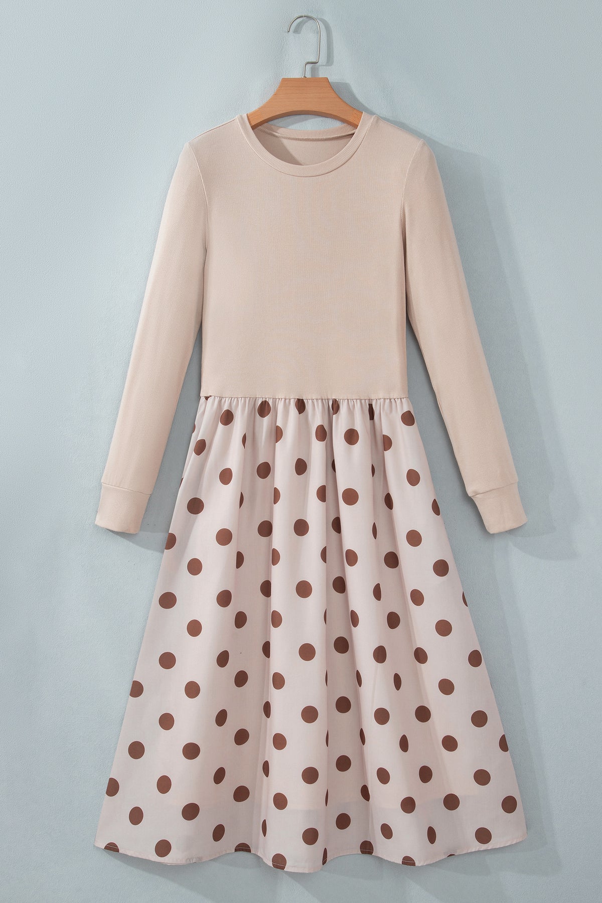 Beige Polka Dot Midi Long Sleeve Dress