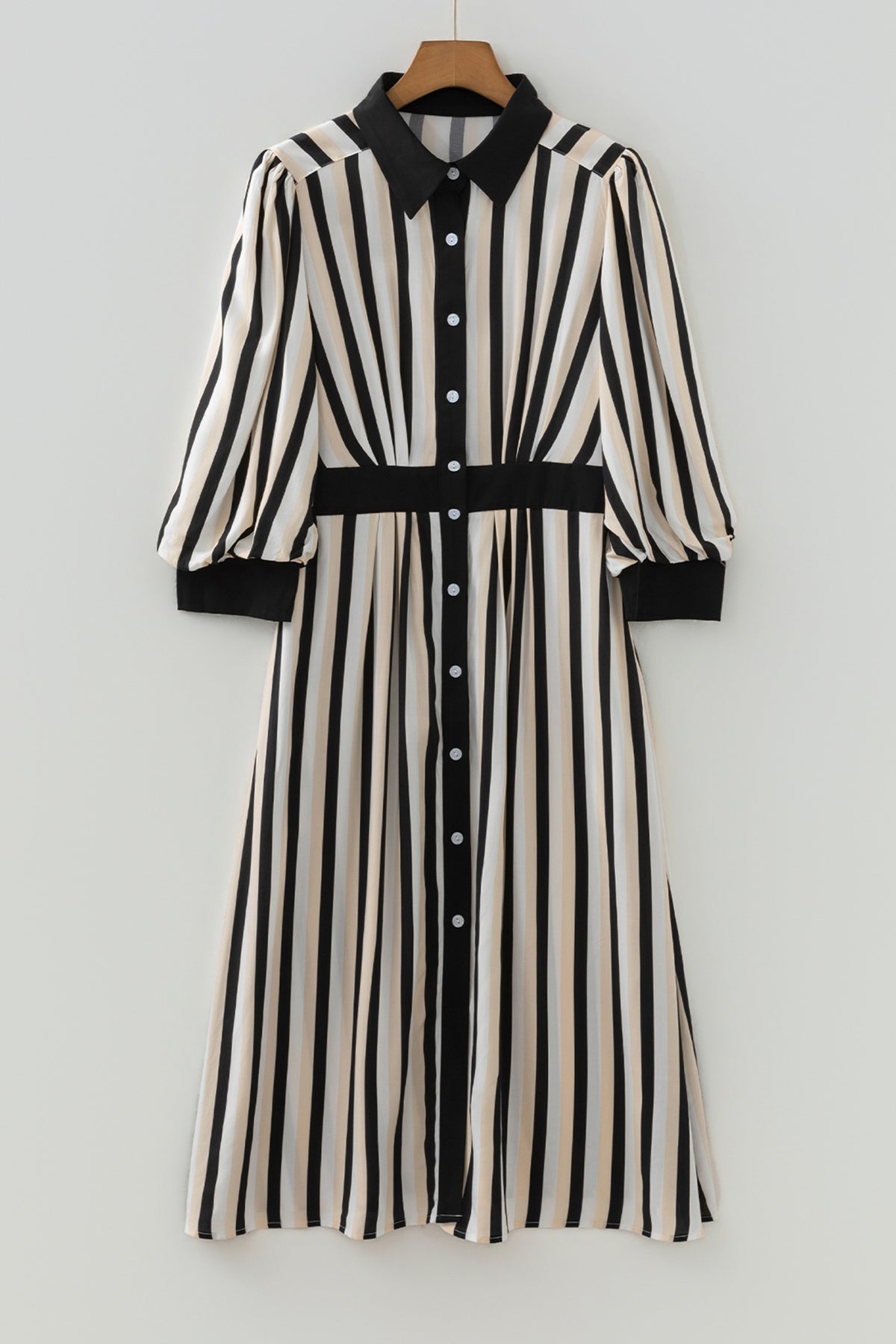 Black Stripe 3/4 Puff Sleeve Shirt Style Button Down Midi Dress