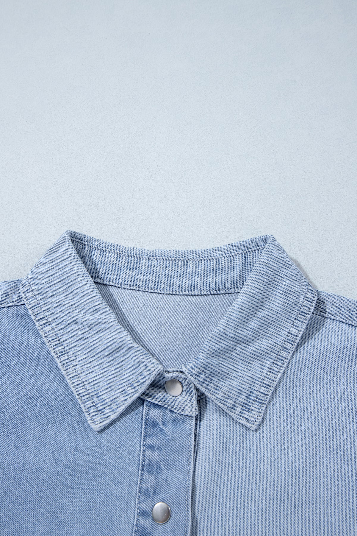 Beau Blue Lightweight Denim Striped Patchwork Button Down Shacket