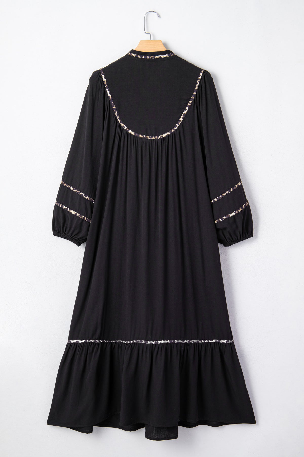 Black Contrast Leopard Trim Split Neck Long Sleeve Casual Midi Dress