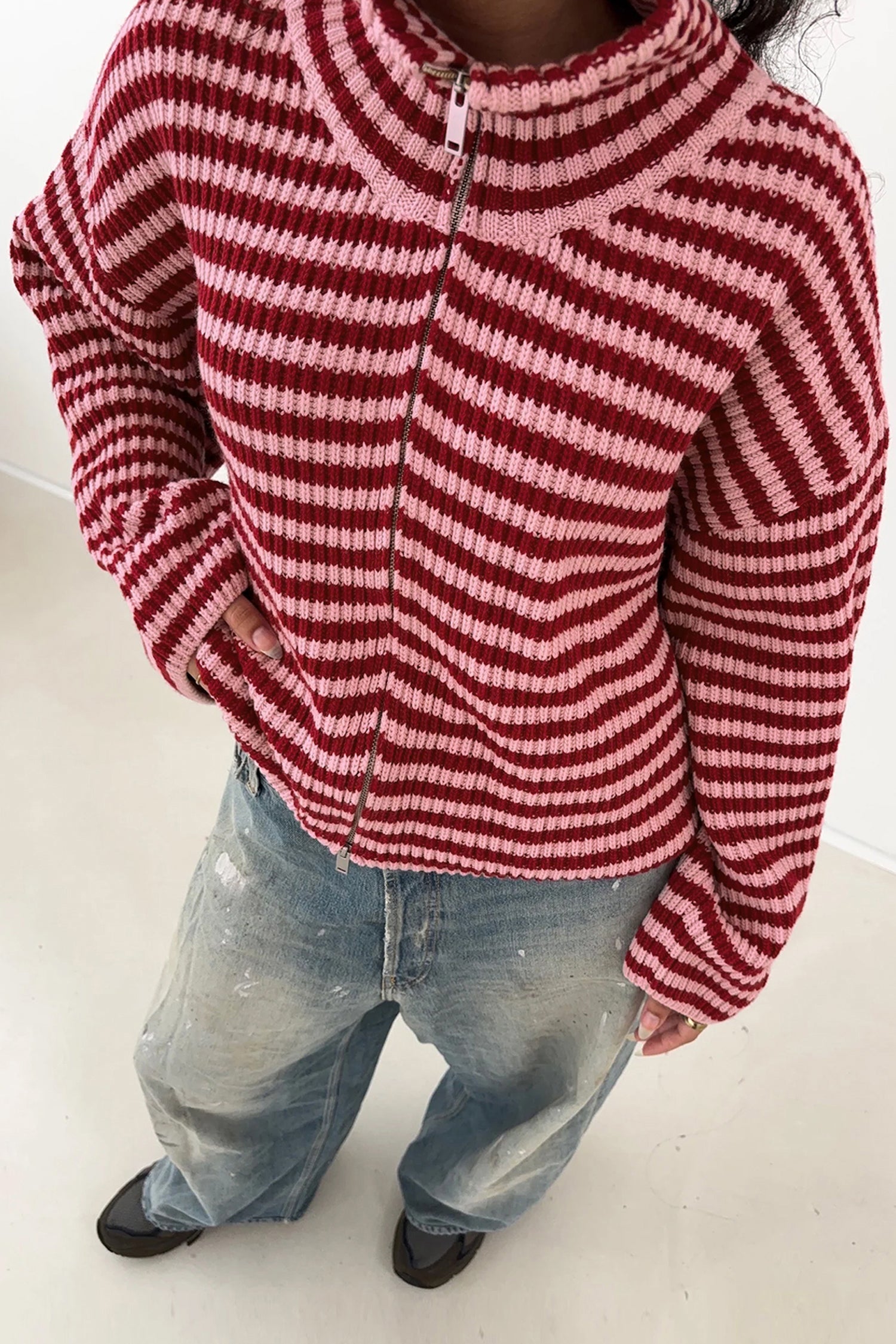 Red Stripe Striped High Neck Zip-up Sweater Long Sleeve Casual Fit Drop Shoulder Open Front Cardigan Sweaters & Cardigans/Sweaters
